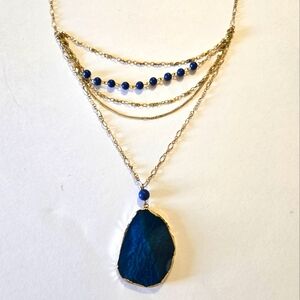 Gold Tone Layered 5 Strand Necklace With Blue Beads & Stone